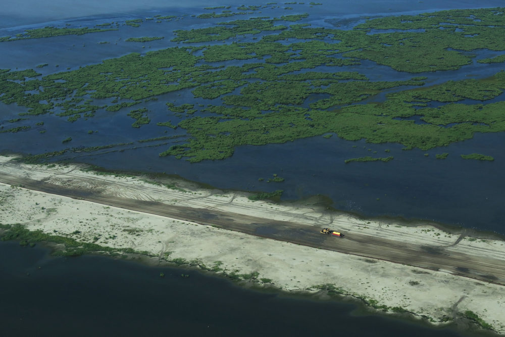 A marsh creation project near wetlands in Plaquemines Parish, Louisiana. 