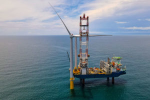 Construction work underway at the Coastal Virginia Offshore Wind project, located 27 miles off the coast of Virginia Beach.