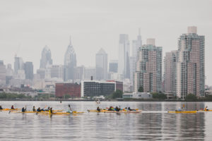 Kayakers paddling in the Delaware River near Philadelphia in 2018.