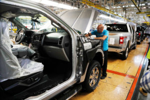 A Ford F-150 truck on an assembly line in Dearborn, Michigan in 2018.
