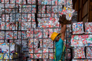 Recycled materials being stacked at facility in Costa Rica last June.