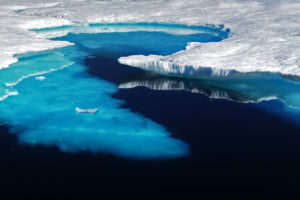 Melting ice flows into the northern Atlantic Ocean in eastern Greenland.