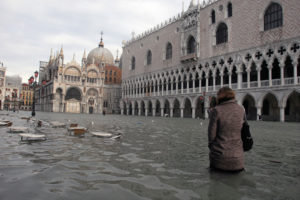 Sea level rise has worsened high tide flooding in Venice, submerging wide areas of the city such as the iconic Piazza San Marco, seen here in 2008.