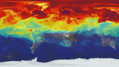 A computer simulation of carbon dioxide movement in the atmosphere.