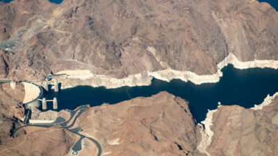 After two decades of drought, Lake Mead, which is impounded by Hoover Dam, is just 40 percent full. A “bathtub ring” visible along the edges of the lake show how far its water levels have dropped.