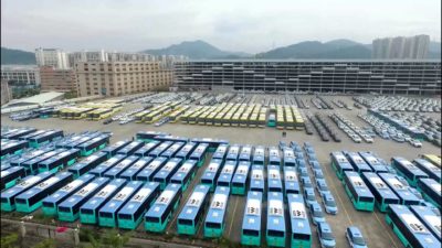 New electric buses waiting to be deployed in Shenzhen.