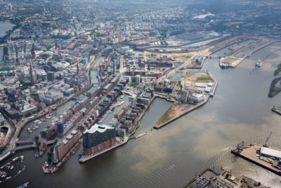 Hamburg's HafenCity is partially protected against storm surges and rising seas. The area encompasses the islands in the right two-thirds of photo.