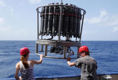 Researchers at the Germany-based GEOMAR Institute deploy equipment to measure ocean oxygen levels. 