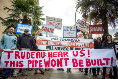 Protestors outside Canada's National Energy Board hearings last year.