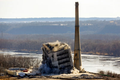 Demolition of the coal-fired Nelson Dewey Generating Station in Cassville, Wisconsin in December 2017. The power plant closed in 2015.