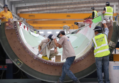 A wind turbine blade being built at a manufacturing plant in Haimen, Jiangsu province, China in 2019.