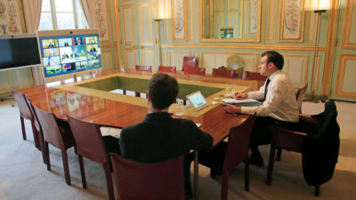 French President Emmanuel Macron attends a video conference with other European Union leaders at the Élysée Palace in Paris on March 10.