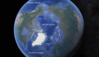 The Arctic Ocean, and its connections to the Pacific and Atlantic oceans. 