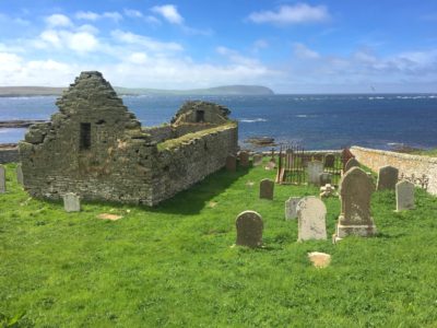 The medieval church of St. Mary's Kirk on Rousay Island, another example of Orkney coastal archeology at risk because of climate change.
