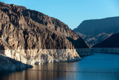 A white ring around the 112-mile perimeter of Lake Mead shows how far water levels have dropped because of drought conditions that have persisted since 2000.