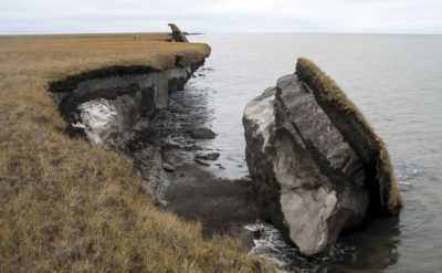 A thawing section of ice-rich permafrost falls into the sea along Drew Point, Alaska.