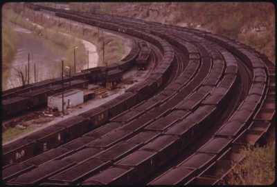 Railcars loaded with coal in Danville, West Virginia in 1974. The station was once one of the largest transfer points for coal in the world.