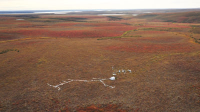 Aerial view of the Trail Valley Creek research station in the western Canadian Arctic, situated along the Mackenzie Delta.