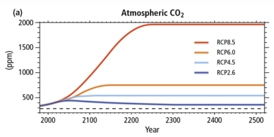 Projected concentrations of CO2 under different emissions scenarios, extending to the year 2500.