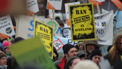 Activists protest fracking during a march in Edinburgh in 2015.