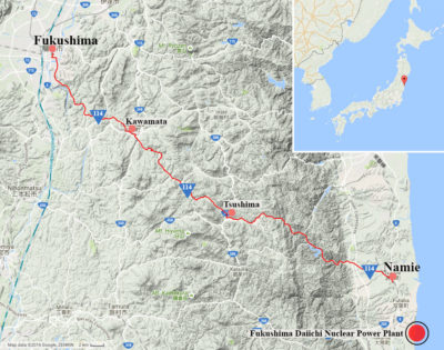 A map tracing Japan's Highway 114 through the Fukushima evacuation zone. 
