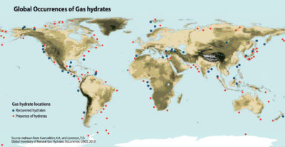 Map of the locations at which gas hydrates have been recovered and or confirmed. Click image to enlarge.