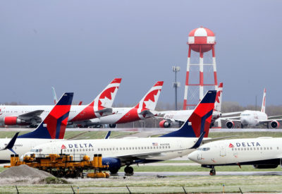 Planes sit idle at Kansas City International Airport on April 3.