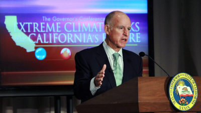 California Governor Jerry Brown speaks at the Governor's Conference on Extreme Climate Risks and California's Future in December 2011.