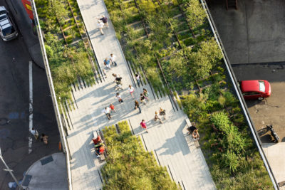Gardens along New York City's High Line, a former elevated railroad track transformed into a 1.5-mile-long park lined with native and non-native plant species.