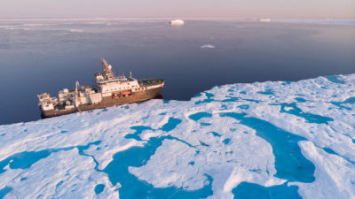 The Kronprins Haakon moored in drift ice off the coast of northeastern Greenland in September.