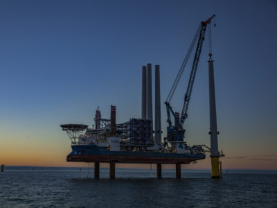 The construction platform being used to erect 8MW turbines in the Irish Sea.