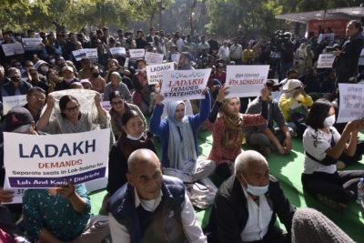 Protestors in New Delhi demanding statehood for Ladakh, February 2023.