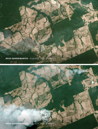 Photos taken just hours apart, before and after new fires broke out on August 21 in Nova Bandeirantes, Mato Grosso state, Brazil.
