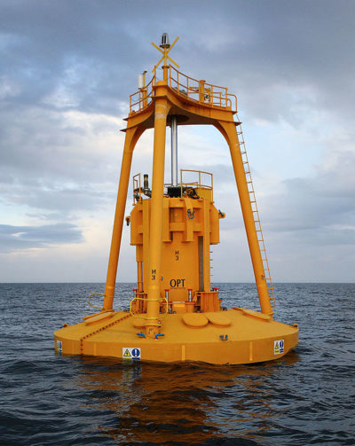 A wave power buoy of the type that will be deployed off the coast of Australia at a wave energy installation being developed by the U.S's Lockheed Martin corporation and Victoria Wave Partners of Australia. The venture would create the world’s largest wave energy project, a 62.5-megawatt installation that would produce enough power for 10,000 homes. The buoys generate electricity from the rising and falling of waves.