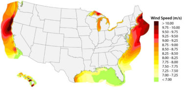 U.S. wind energy potential based on average wind speeds at 300 feet, the height of most turbines. The northeastern U.S. and Northern California coasts (in red) have the greatest potential.