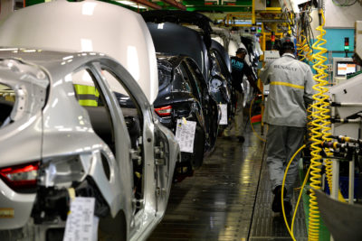 An assembly line for the Zoe electric car at French carmaker Renault's plant in Flins-sur-Seine.