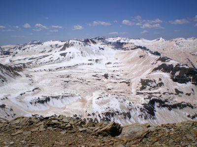 Dust covers the snow in the San Juan Mountains in Colorado during an extreme dust year in 2009.