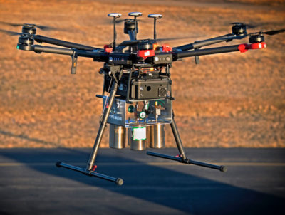 A drone equipped with laser-spectrometer sensors and air sampling canisters, developed by Scientific Aviation.