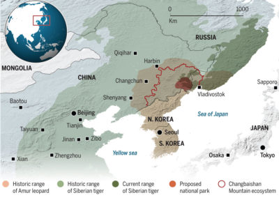 CLICK TO ENLARGE - China's new national park for Siberian tigers and Amur leopards borders Russia and North Korea.