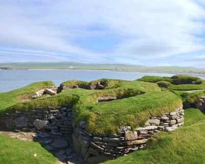 Remains of the Stone Age settlement of Skara Brae in the Orkney Islands, threatened by sea level rise.