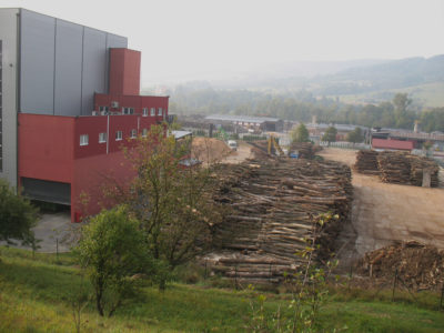 Logs await processing at a wood pellet plant in Bardejov, Slovakia. An estimated 10 million cubic meters of wood is logged each year from the country's forests.