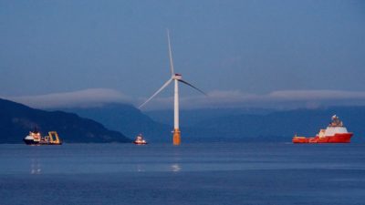 A 6MW floating turbine being towed into place in northern Scotland.