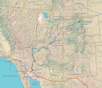 The Colorado flows 1,450 miles from its source in Colorado to the southwest, ending just short of the Gulf of California.