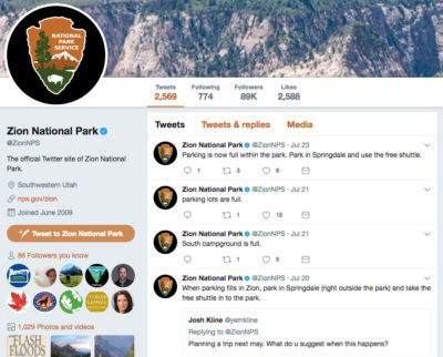 Postings this month on the Twitter site of Zion National Park reflect the flood of visitors.