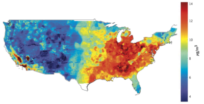 Average concentrations of fine particulate matter in the continental United States, 2000 through 2012.