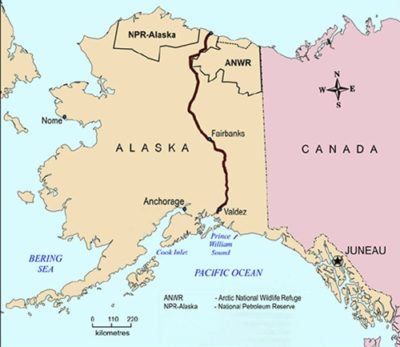 The Trans-Alaska Pipeline runs 800 miles from Prudhoe Bay in the north to the port of Valdez in the south.