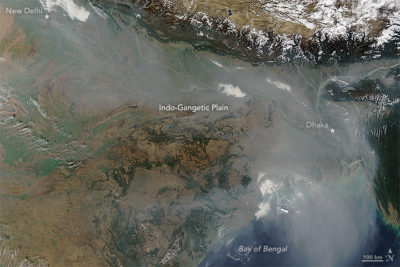 A thick river of haze over the Indo-Gangetic Plain in January 2016, the result of a combination of urban and industrial pollution, agricultural and cooking fires, and a meteorological phenomenon known as a temperature inversion.
