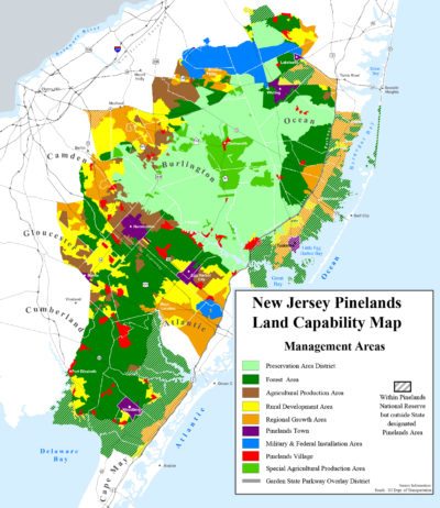 A map of development and land use within and around the Pinelands National Reserve.