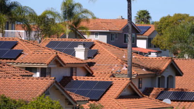 Solar panels on rooftops in California. The state has pledged to get all of its electricity from zero-carbon sources by 2045.