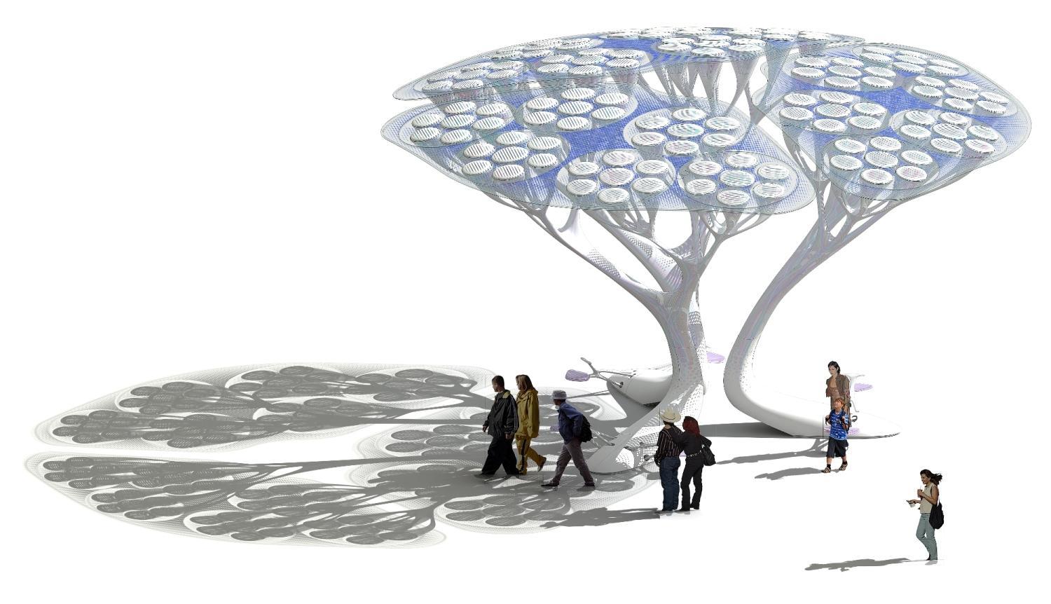 The Treepods concept (above) is one of various carbon-capture technologies that act like artificial trees, sucking CO2 from the air through their canopies.